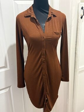 Timing Rust-Brown long sleeve button down dress, Size M